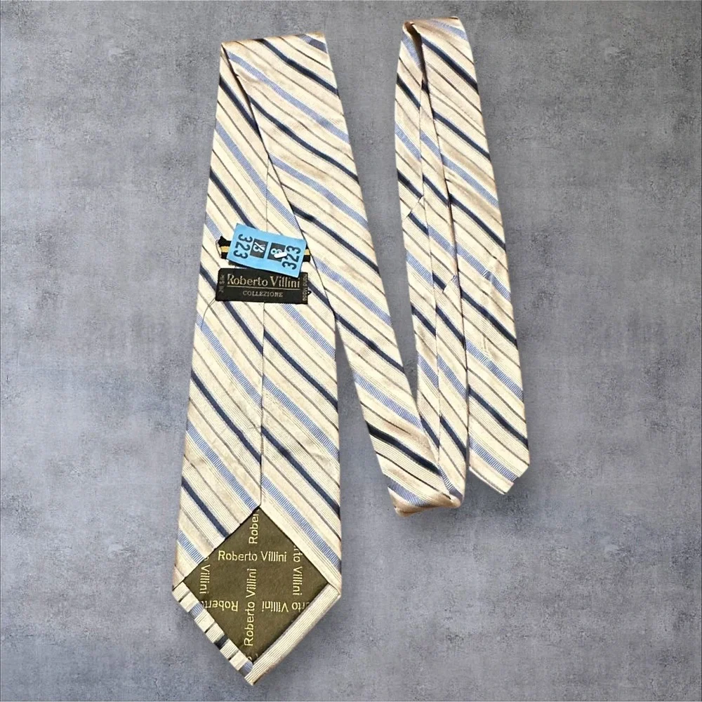 Roberto‎ Villini Silk Tie Blue Pale Yellow Diagonal Stripe 3.75
